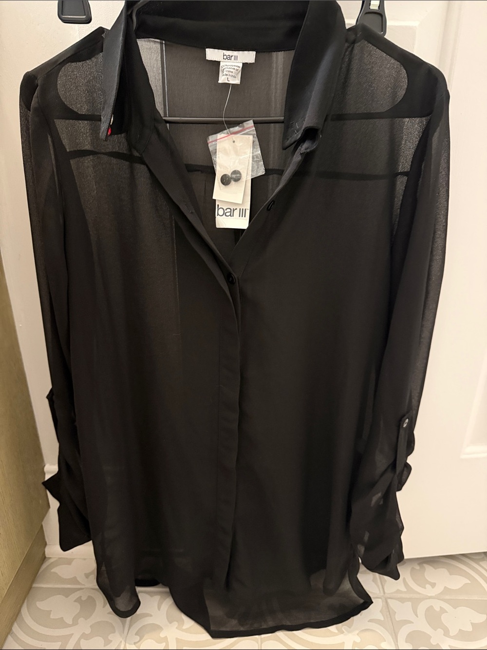 Bar III Black Sheer Button-Down Blouse